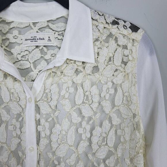 Abercrombie & Fitch Womens Medium Lace Button Up Blouse White Cream Long Sleeve - Picture 3 of 8